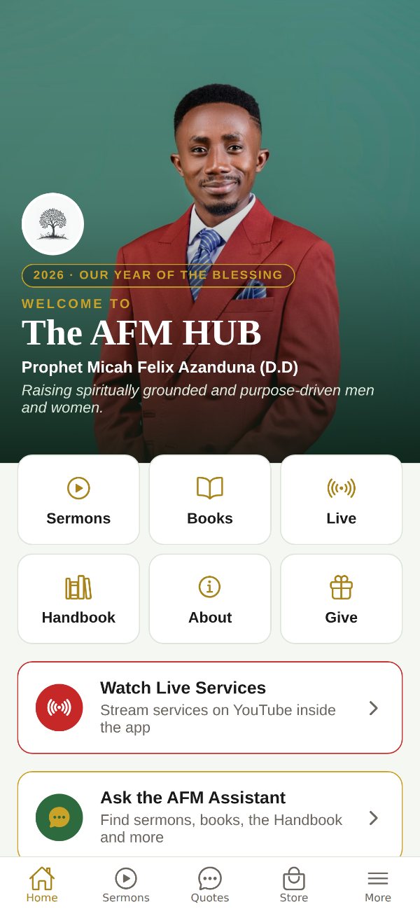 The AFM HUB app home screen